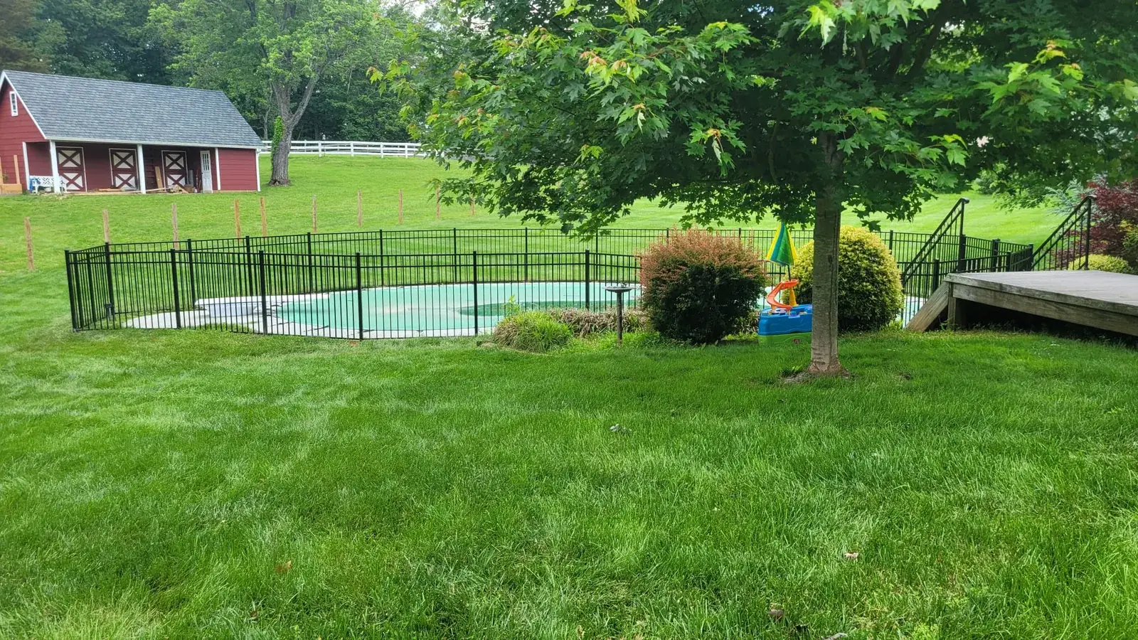 Black aluminum pool fence enclosing a backyard pool, under Our Fencing Projects