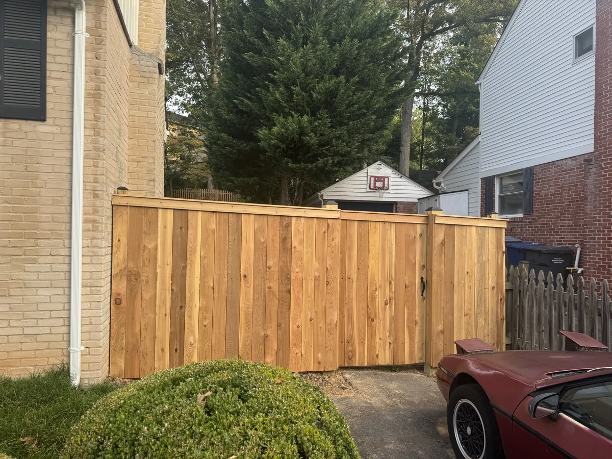 Cedar stockade fence turning a corner, under Our Fencing Projects