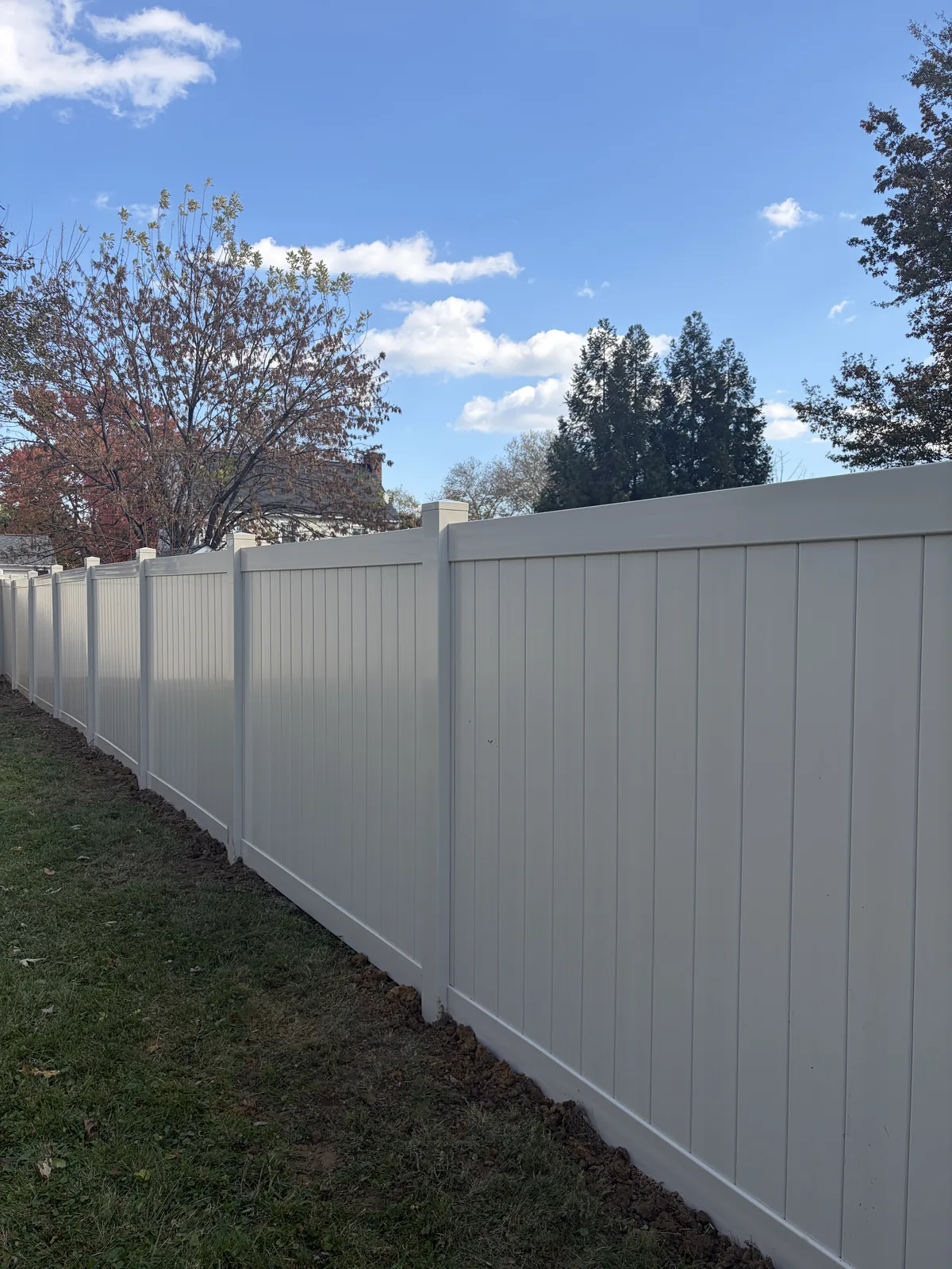 Tan vinyl privacy fence enclosing a yard, under Our Fencing Projects